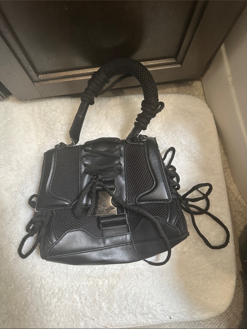 Source Unknown Black Lace-Up Shoulder Bag with Braided Handle